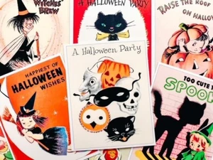 Set of 9 Vintage Retro 1950's Halloween #2 Quilt Cotton FABRIC Panels - Picture 1 of 2
