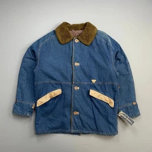 Armani Mens Denim Overcoat Faux Fur Lined Blue Brown Vintage - Picture 1 of 8