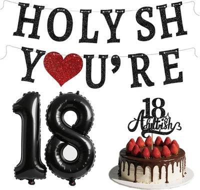 Funny 18th Birthday Decorations for Girls Boys - Glitter 18th Birthday Banner, A - Image 1 of 4