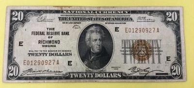 20$ Brown Seal, 1929, Fr. 1870E, Richmond, Ser# E01290927A - Image 1 of 4