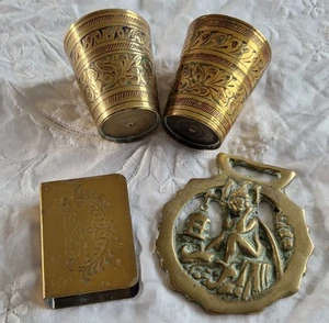 VTG Bundle Brass: Pixie Horse Brass, Matchbox Holder & 2 Etched Brass Cups READ - Picture 1 of 16