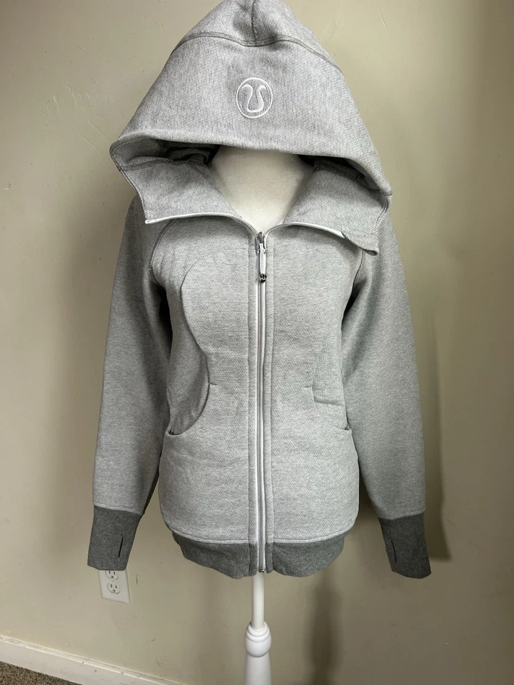 Lululemon Scuba Hoodie Women’s 2 Gray White Striped Zip Fleece Jacket Thumbholes - Image 1 of 4