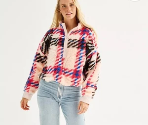 SO Pile Sherpa-Jacke mit hohem Viertelreißverschluss Damen klein rosa kariert neu mit Etikett - Bild 1 von 5