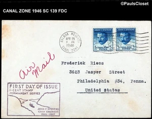 CANAL ZONE 1946 SC 139 (2) FIRST DAY COVER JOHN F STEVENS DK BLUE 5¢ (2)+ CACHET - Picture 1 of 2