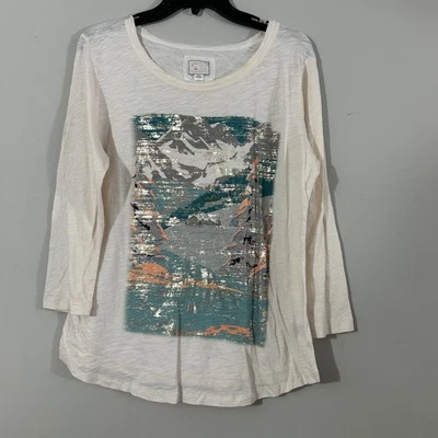 Camiseta Top Anthropologie Mujer Crema Montaña Gráfico Manga Larga Talla XL Foto 1 de 4