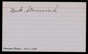 Nick Strincevich (d. 2011) signed auto 3x5 index card Baseball Player F2932