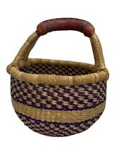 HANDCRAFTED SMALL BOHEMIAN BOLGA BASKET LEATHER WRAPPED HANDLE