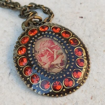 Ожерелье Michal Negrin глубокие темно-оранжевые красные розы овальные и кристаллы Swarovski подарок - Изображение 1 из 4