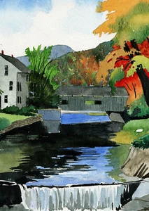 Warren Covered Bridge, Mad River Waterfall VT. Fall portrait. Watercolor prints. - Picture 1 of 1