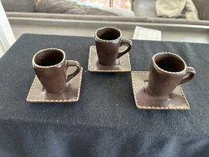 Set Of 3 Mario Batali Italian Stitch Espresso Cups And Saucers - Picture 1 of 14
