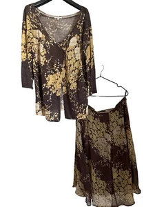 MAX MARA Skirt Cardigan Set Silk Floral Brown LARGE/ 12 US / 16 AU IMMACULATE - Picture 1 of 11