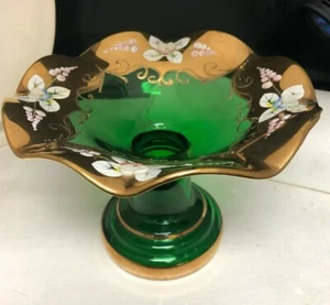 VINTAGE CANDY DISH BOHEMIA CZECH REPUBLIC 24K GOLD EMERALD GREEN ART GLASS - Picture 1 of 10