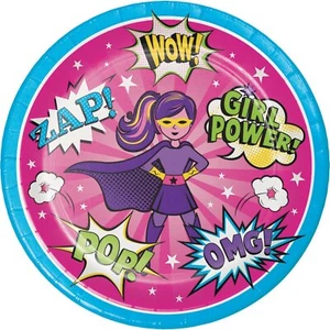Girl Superhero Comic Book Hero Pink Birthday Party 9" Paper Dinner Plates - Picture 1 of 1