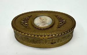 Antique French gilt brass trinket box with painted miniature portrait - Picture 1 of 15