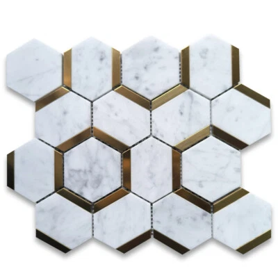 C338XH Carrara White Marble 3 inch Hexagon Mosaic Tile w/ Brass Strips Honed - Image 1 of 4