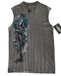 T-shirt senza maniche Affliction LAST RITES collo a fessura nuova con etichette teschio mietitore - Foto 1 di 2