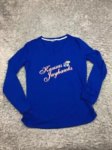 KU Kansas Jayhawks Shirt Womens Size Large Blue Long Sleeve V-Neck - Picture 1 of 13