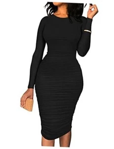 Women's Ruched Long Sleeve Elegant Bodycon Basic Casual Midi Dress Large Black - Picture 1 of 7