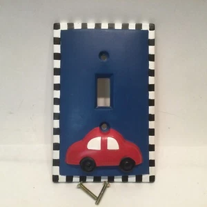 Red Car Switch Plate Cover Checkered Flag Blue Children’s Kids Nursery Vehicle - Picture 1 of 4