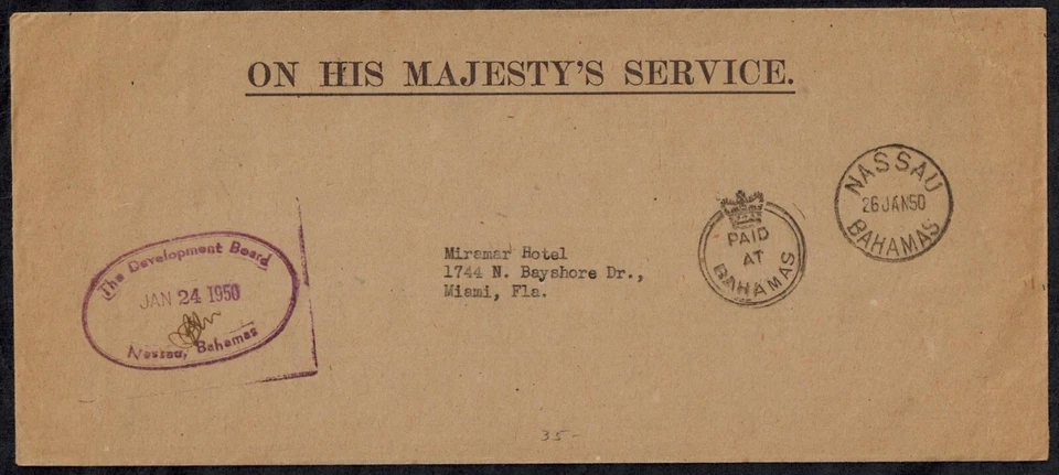 Bahamas 1950 OHMS Cover w/CROWN CIRCLE in Black & DEVELOPMENT BOARD OVAL - Image 1 of 3
