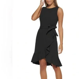 Calvin Klein Ruffle Faux Wrap Sleeveless Black Dress Size 10 - Picture 1 of 14