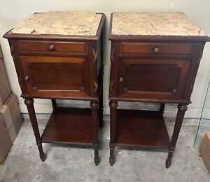 Pair Antique French Marble Top  Side End Tables Nightstands Commodes - READ*