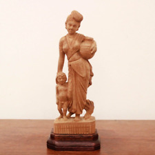Mother & Son Antique Statue Indian Women Wooden Sculpture Home Garden Decor Idol