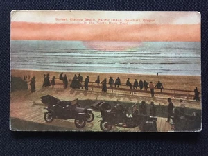 Sonnenuntergang Clatsop Beach Gearhart Oregon Pazifischer Ozean antike Autos Postkarte - Bild 1 von 2