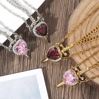 Heart Dagger Necklace Set Sword Pendant Layered Chain Gothic Jewelry Gift - Image 1 of 3