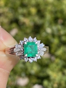1.12CTW Natural Columbian Emerald & Diamond Platinum Ring Size 6, 5.70 Grams - Picture 1 of 18