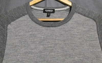 Express Sweater Mens M Merino Wool Blend Gray Crew Neck Long Sleeve Ringer - Image 1 of 4