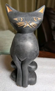 Scultura Zimbabwe legno fatto a mano gatto nero intagliato a mano MCM Africa arte popolare - Foto 1 di 15