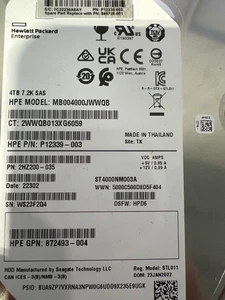 HPE 4TB HDD MB004000JWWQB P12339-003 834134-001 7.2K 256MB SAS-3 3.5" pulgadas - Imagen 1 de 1
