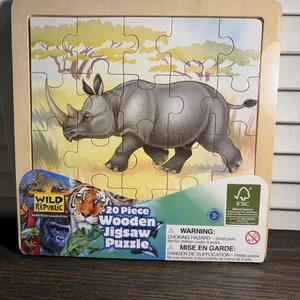 WOODEN JIGSAW PUZZLE Wild Republic RHINO RHINOCEROS 20 Piece 2010 w/frame NEW - Picture 1 of 4