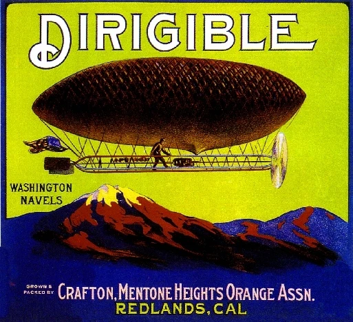 Redlands San Bernardino Dirigible Blimp Orange Citrus Fruit Crate Label Print