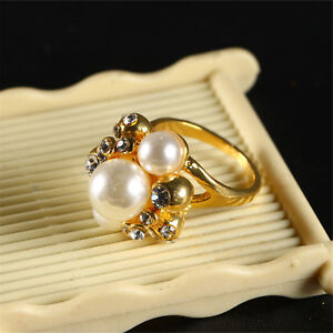 Women 18K Yellow Gold Filled Pearl Crystal Ring Rings Men Rings Lovers Gift JZ26