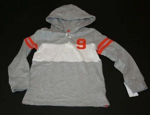New OshKosh Boys Top 8 Year Hooded Gray White Stripes Buttons Soft Cotton - Picture 1 of 2