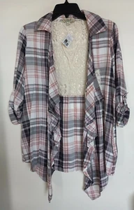 One World Womens Cardigan Medium Plaid Lace Back Open Drape Front Waterfall NEW - Picture 1 of 3