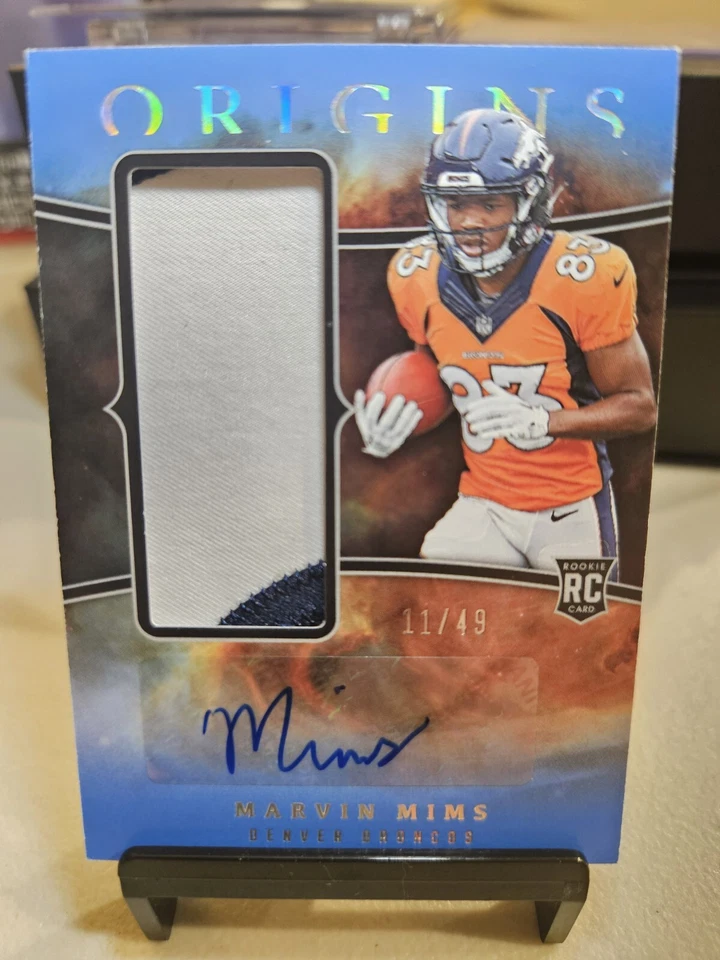 Marvin Mims 2023 Origins Rookie Jumbo Jersey Patch Blue Auto RPA SSP /49 Broncos - Image 1 of 2
