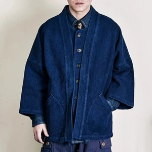 Herren blau indigo gefärbt Baumwolle Dobby japanisch Kendo Sashiko Kimono Hemd Jacke - Bild 1 von 14