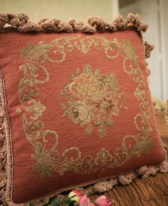 14" Pastel Dark Pink Aubusson Design Vtg. Handmade Needlepoint Pillow - Picture 1 of 4