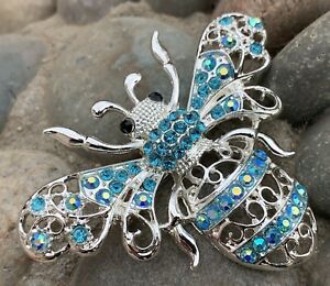 Bee Rhinestone Pin Brooch Aqua Blue Insect Bug Vintage Fashion Style Jewelry USA