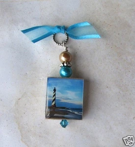 Lighthouse Pendant Charm Ocean Sandy Beach Altered Art Blue - Pearls Crystals - Picture 1 of 1