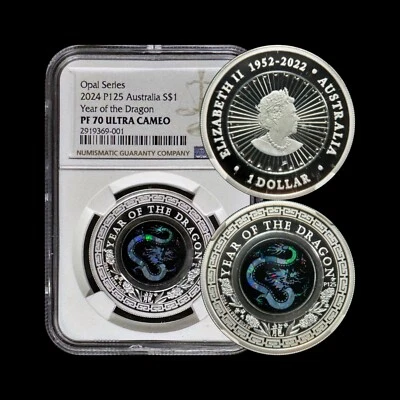 AUSTRALIA. 2024, 1 Dollar, Silver - NGC PF70 - Top Pop 🥇 Opal, Dragon Year 🌈🐉 - Image 1 of 4