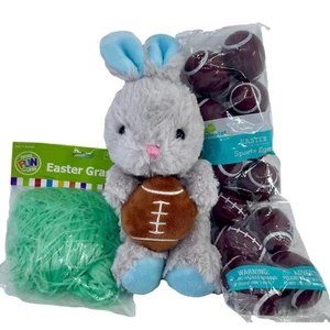 Easter Basket Stuffer Plush Football Bunny Plastic Eggs Grass Filler Set - Picture 1 of 10