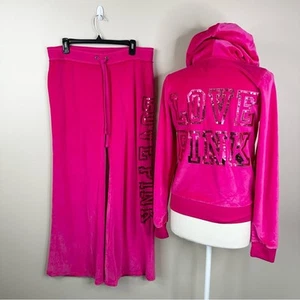 NEU LOVE PINK Y2K Victoria's Secret Pink Pailletten Velour Hose & Jacke Set M/L - Bild 1 von 11