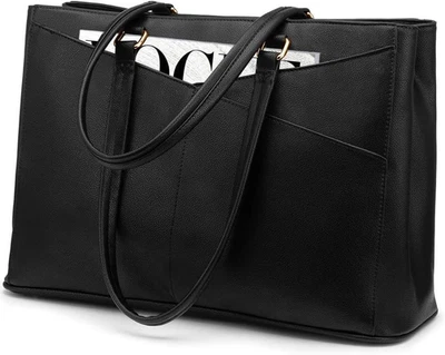 Bolso de Mano LOVEVOOK para Laptop para Mujer 15.6 Pulgadas Cuero Impermeable Negro  Foto 1 de 4
