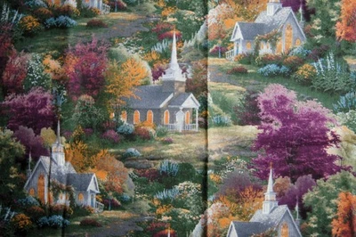 1 Yards Fall Church Scene  Cotton Quilting Fabric 37" X 44" - Image 1 of 2