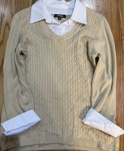 Elementz Women Beige Pullover With White Collar Trim Petite Medium - Picture 1 of 9