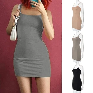 Womens Cami Vest Tunic Top Mini Dress Tank Tee Strappy Bodycon Plain Sleeveless - Picture 1 of 15